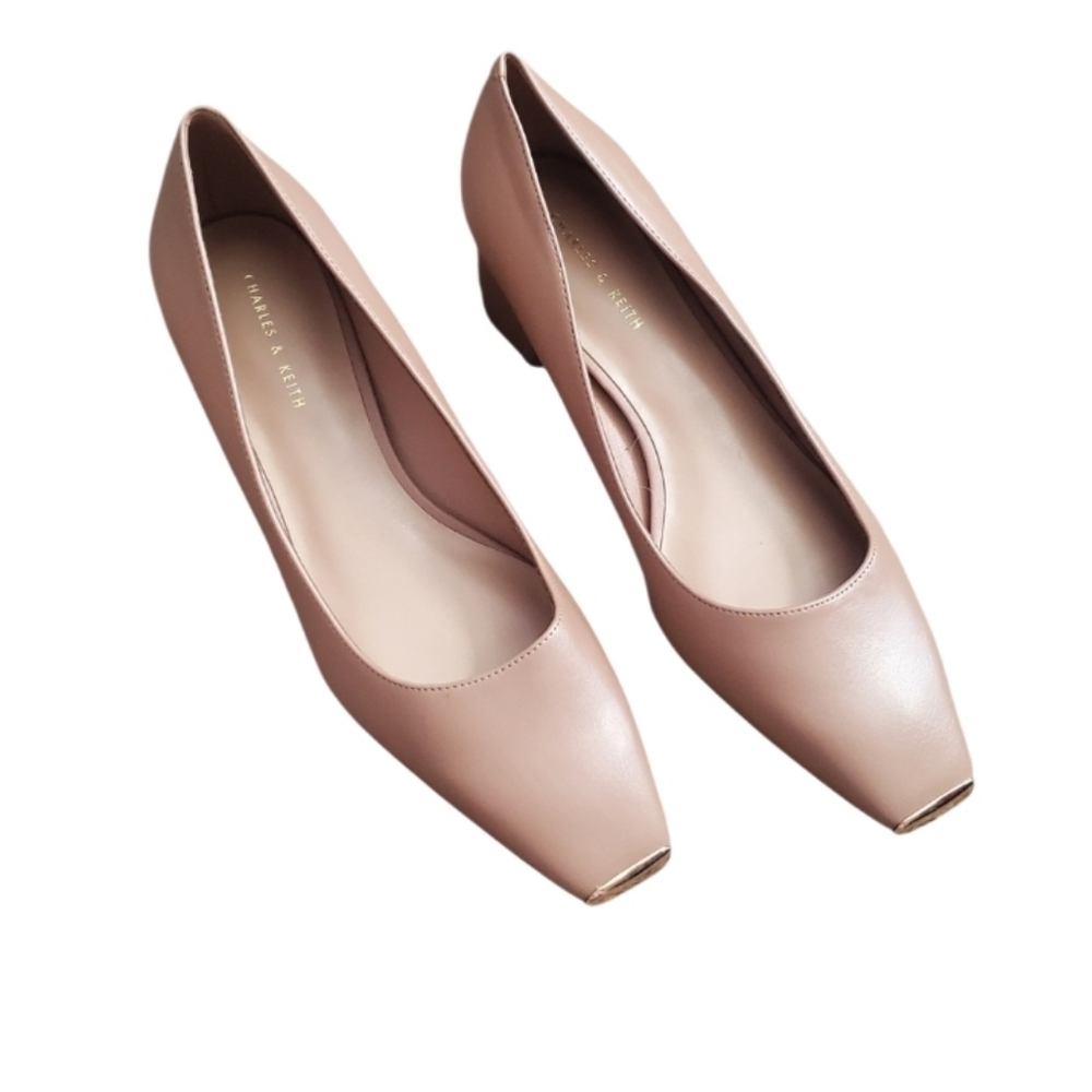 Charles & Keith Beige Square-Toe Heels with Gold Accents
